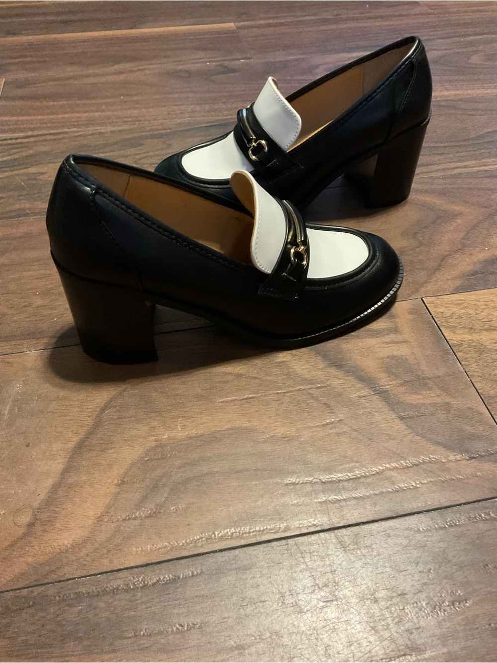 Classic Two-Tone Black and White Block Heel Loafers